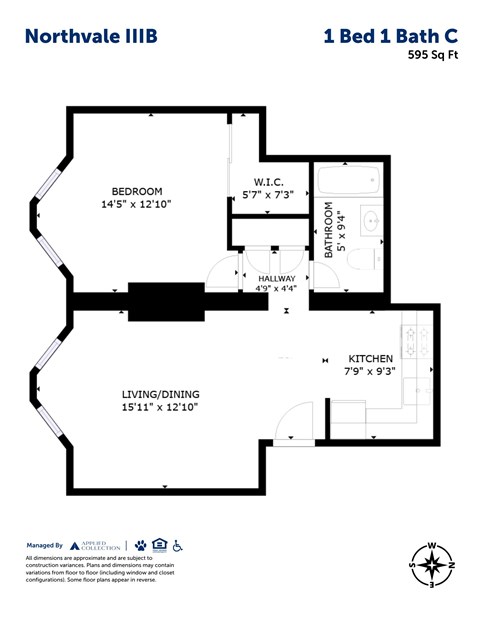 Floor plan for 1 bed, 1 bath, 595 sqft